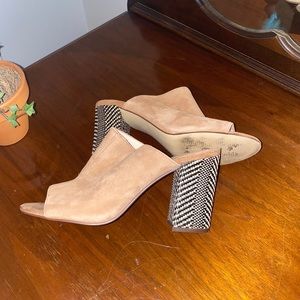 NINE WEST NW7 Blocky Tan Leather Suede Slide 3.5" Block Heel Sandal Mule 9M
